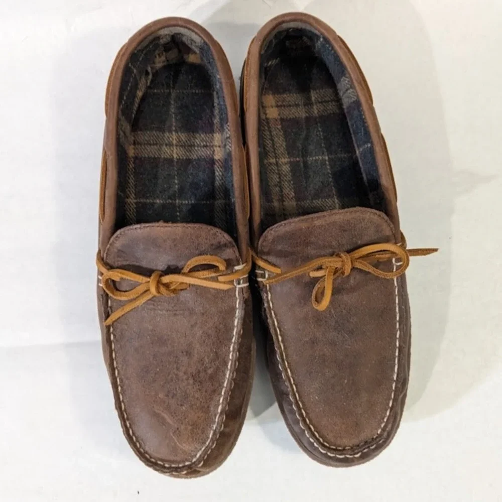 LL Bean Mens Leather Moccasin Slippers Brown Plaid Flannel Lined Size 12